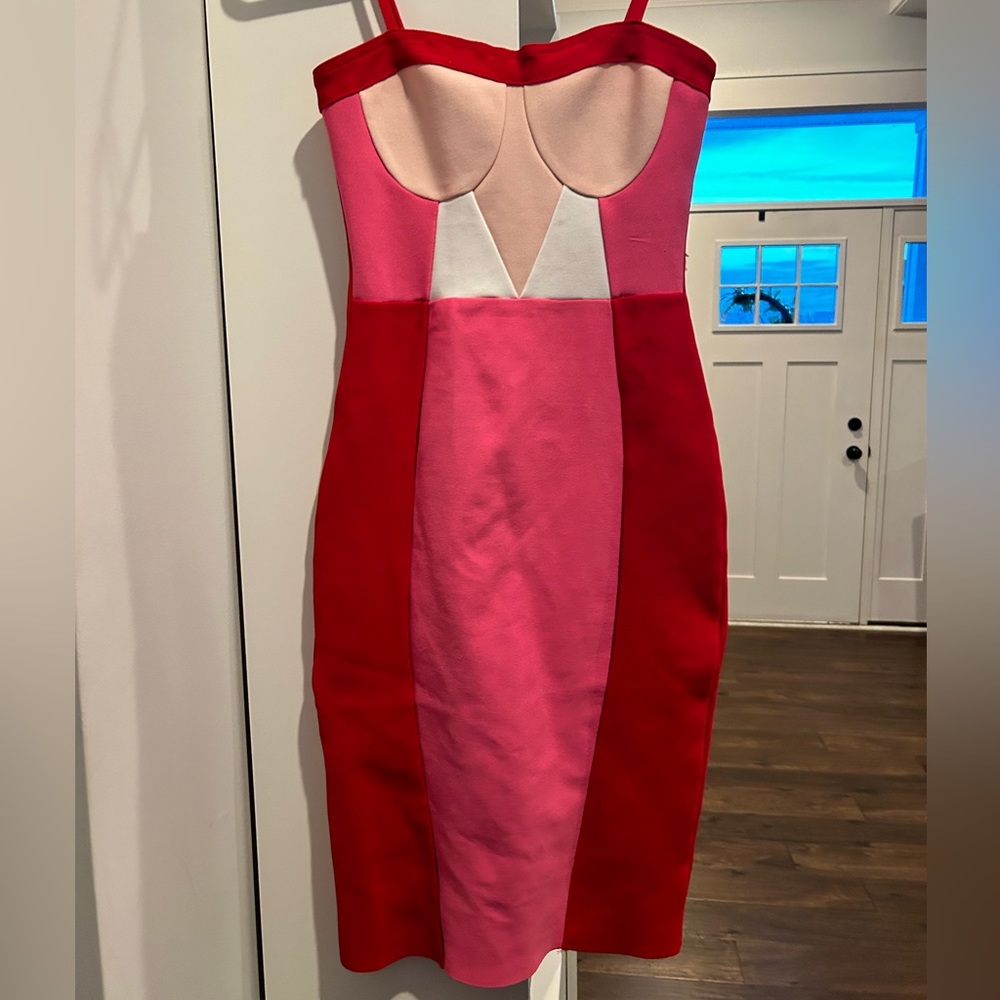 Colorblock Pink & Red Bodycon Dress with Contrast Bust